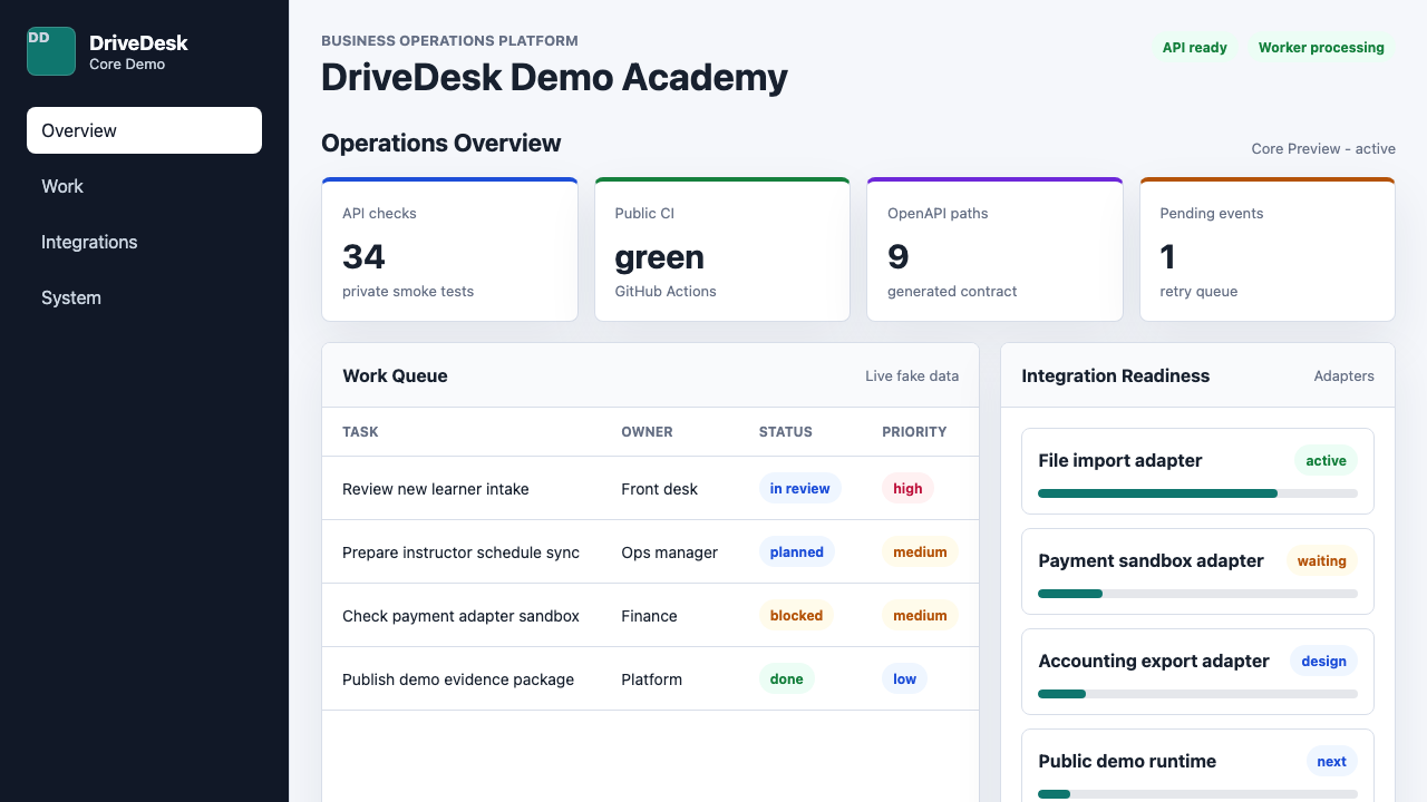 DriveDesk Core public demo overview